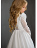 Long Sleeves Ivory Glitter Tulle Slit Flower Girl Dress
